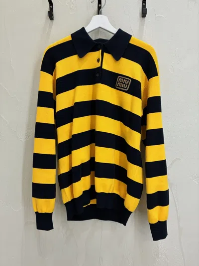 Pre-owned Miu Miu Striped Cotton-blend Polo Sweater In Yellow