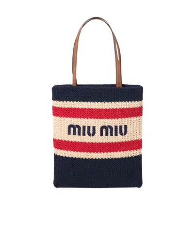 Miu Miu Striped Crochet Tote Bag In Black
