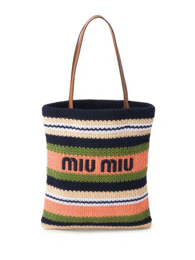 Miu Miu Striped Crochet Tote Bag In Blu+edera+tulipano