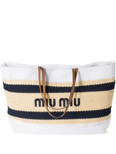 Miu Miu Striped Crochet Tote Bag In Weiss