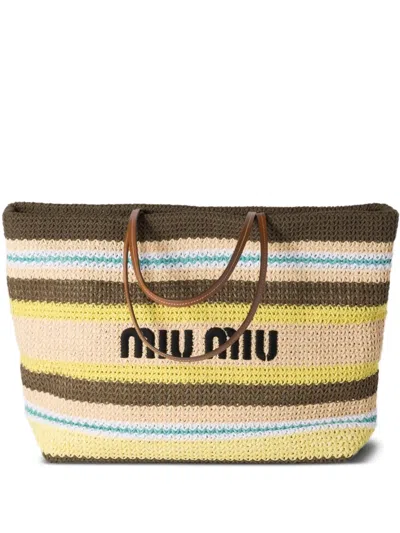 Miu Miu Striped Crochet Tote Bag In Yellow