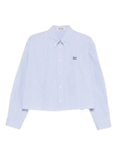 Miu Miu Cropped Cotton Shirt Long Sleeves Stripes In Blue
