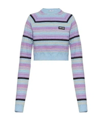 Miu Miu Striped Cropped Jumper In Blue