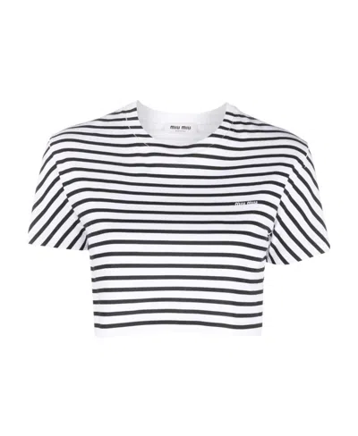 Miu Miu Striped Cropped T-shirt In White