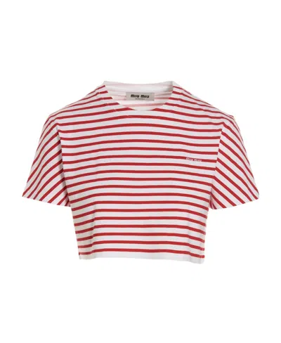 Miu Miu Striped Cropped T-shirt In White