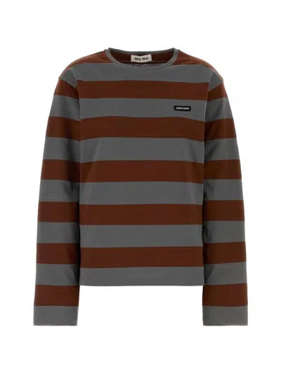 Miu Miu Striped Embroidered T-shirt In Multi