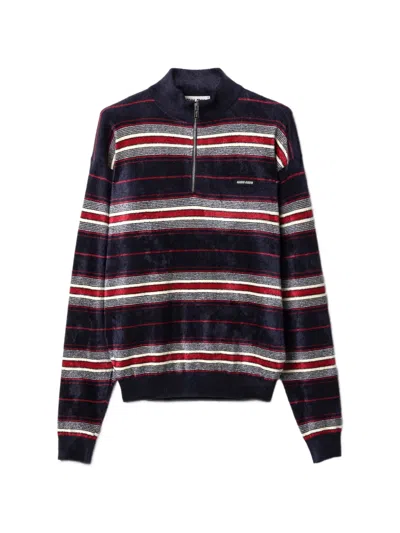 Miu Miu Striped Half-zipper Chenille Sweater In Blue