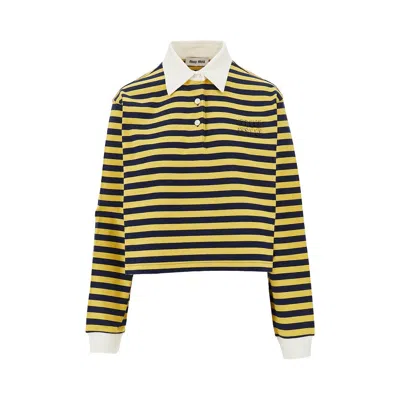 MIU MIU STRIPED JERSEY OVERSIZED CROPPED POLO SHIRT