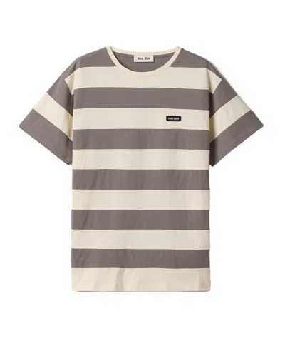 Miu Miu Striped Jersey T-shirt In Gray