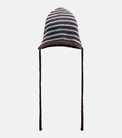 Miu Miu Striped Knitted Cotton Hat In Brown