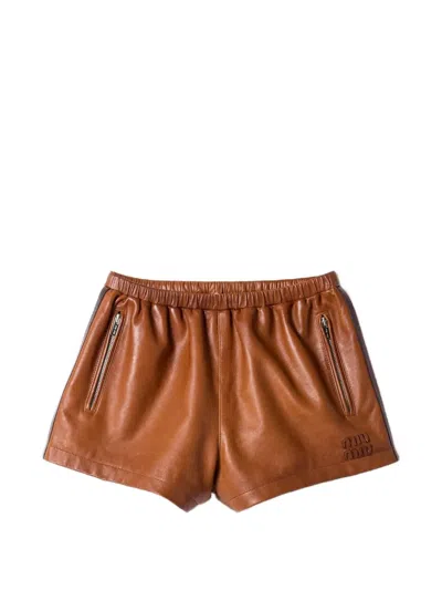 Miu Miu Striped Leather Shorts In Brown