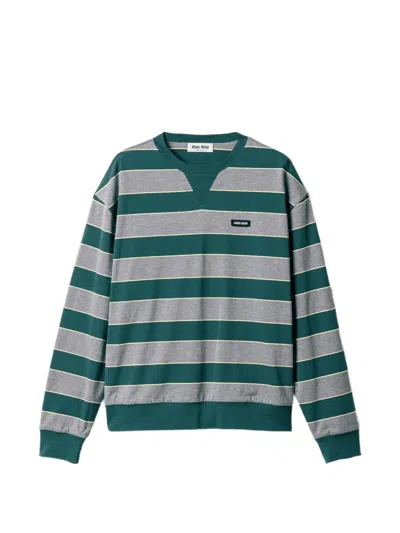 Miu Miu Oversize Cotton T Shirt Embroidered Stripes In Green