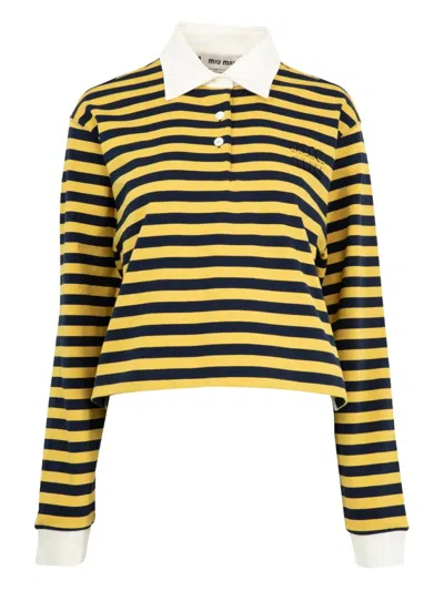 Miu Miu Striped Long-sleeve Polo Top In Yellow