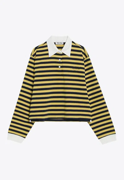 Miu Miu Striped Long-sleeved Polo T-shirt In Yellow