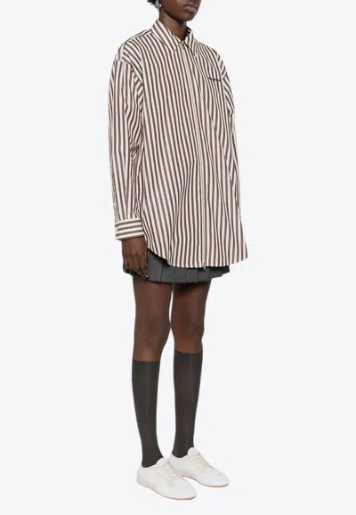 Miu Miu Striped Long-sleeved Shirt In Brown