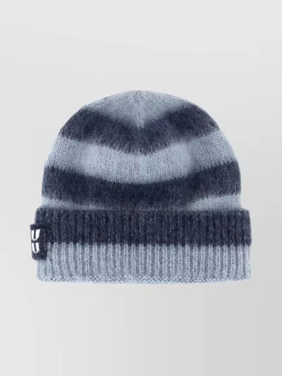 Miu Miu Striped Mohair Blend Beanie With Ribbed Cuff In Gray