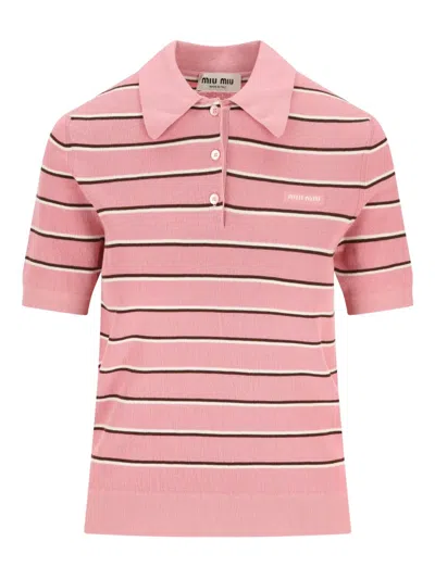 Miu Miu Striped Cotton Knit Short-sleeve Polo Shirt In Multi