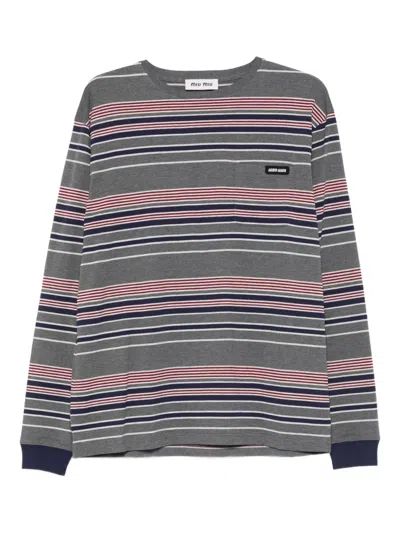 Miu Miu Slate And Blue Striped Jersey T-shirt In Multi