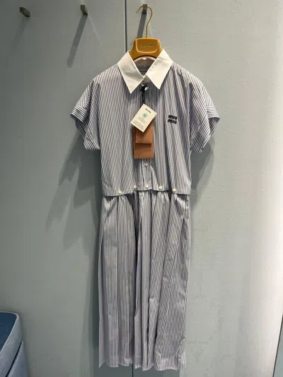 Miu Miu Striped Pleated Poplin Midi Dress