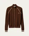 Miu Miu Striped Pointelle Knit Zip Cardigan In Brown