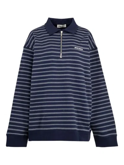Miu Miu Striped Polo-neck Sweatshirt In Blue