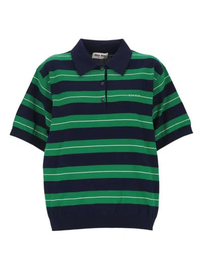 Miu Miu Striped Cotton Polo Shirt Embroidered In Green