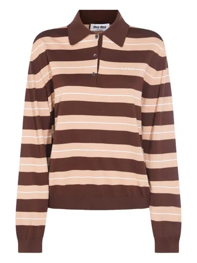 Miu Miu Striped Polo Shirt In Brown