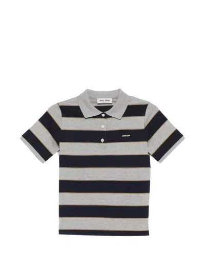 Miu Miu Striped Jersey Short-sleeve Polo Shirt In Blue