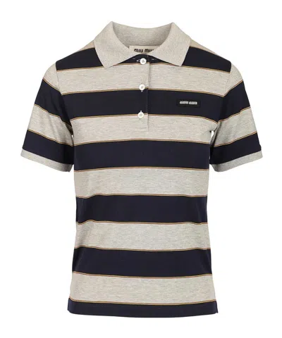 Miu Miu Striped Polo Shirt Short Sleeves Collar In Gray