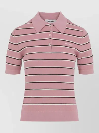 Miu Miu Striped Polo Shirt Ribbed Hem Short Sleeves In Pink