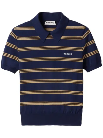 Miu Miu Striped Polo Top In Blue