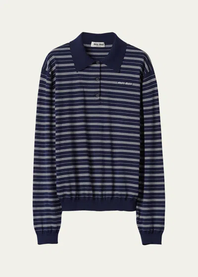 Miu Miu Logo-print Striped Polo Shirt In Blue
