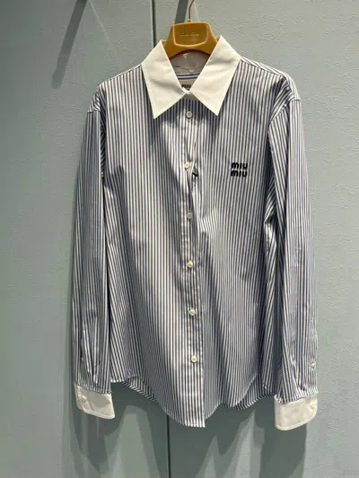 Miu Miu Striped Poplin Shirt In Blue