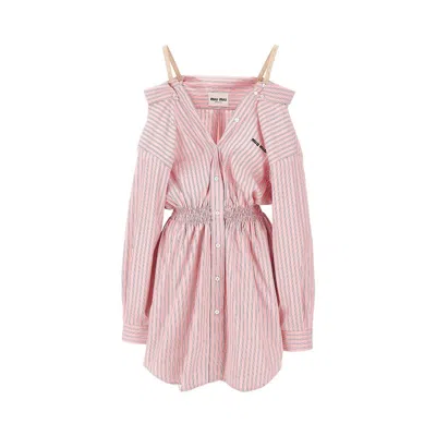 Miu Miu Striped Poplin Shirt Dress In Pink