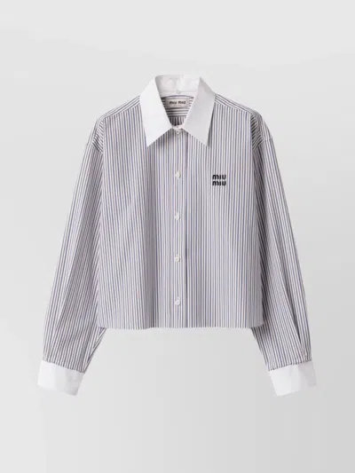Miu Miu Striped Shirt With Collared Neck And Long Sleeves In Gray