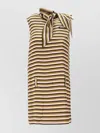 Miu Miu Striped Sleeveless Dress With Bow And Pockets In Brown