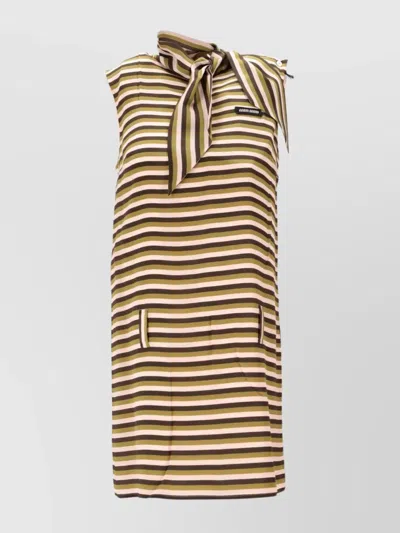 MIU MIU STRIPED SLEEVELESS DRESS WITH BOW AND POCKETS