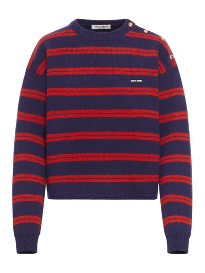 Miu Miu Striped Sweater With Logo In Blue