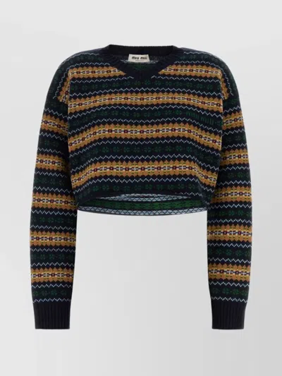 Miu Miu Striped V Neck Wool Knit Sweater In Black
