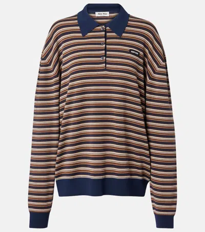Miu Miu Striped Virgin Wool Polo Sweater In Brown
