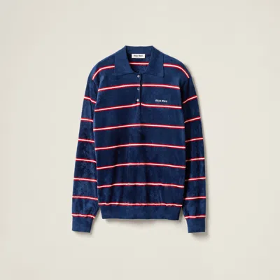 Miu Miu Striped Viscose Polo Shirt In Blue/red