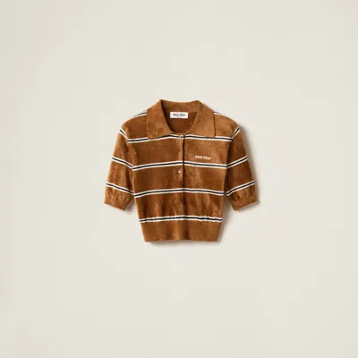 Miu Miu Striped Viscose Polo Shirt In Tobacco+ivory