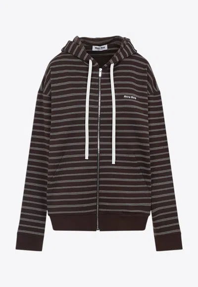 Miu Miu Striped Zip-up Hooded Sweatshirt In Brown