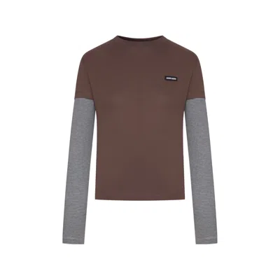 Miu Miu Striped-sleeve Logo-patch T-shirt In Brown
