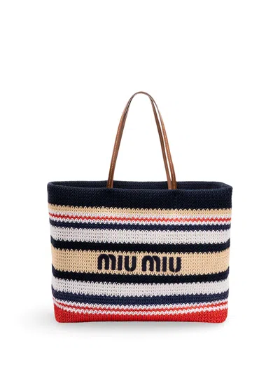 Miu Miu Stripes Crochet Tote In Blue