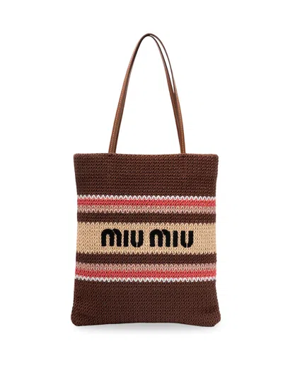 Miu Miu Stripes Crochet Tote In Brown