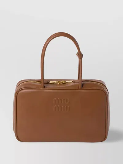 Miu Miu Structured Shape Top Handles Tote In Brown