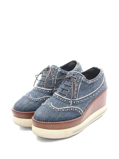 Pre-owned Miu Miu Stud-embellished Denim Platform Sneakers In Blue