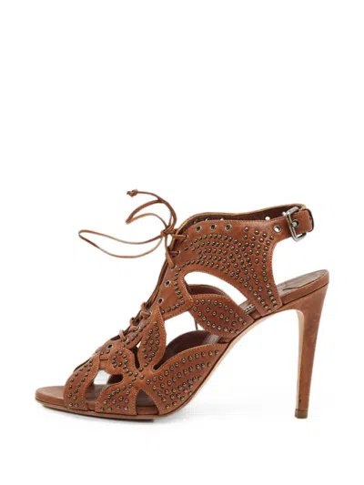 Pre-owned Miu Miu Studded Lace-up Sandals In Brown