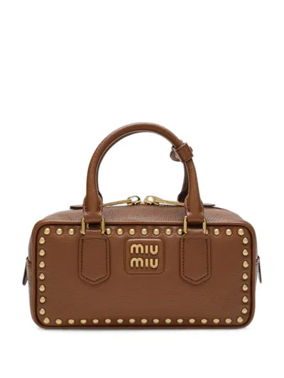 Miu Miu Studded Leather Tote Bag In Brown